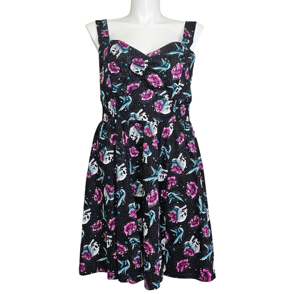 Hot Topic Womens XXL Black Tattoo Flash Skull Rose Swallow Fit Flare Dress
